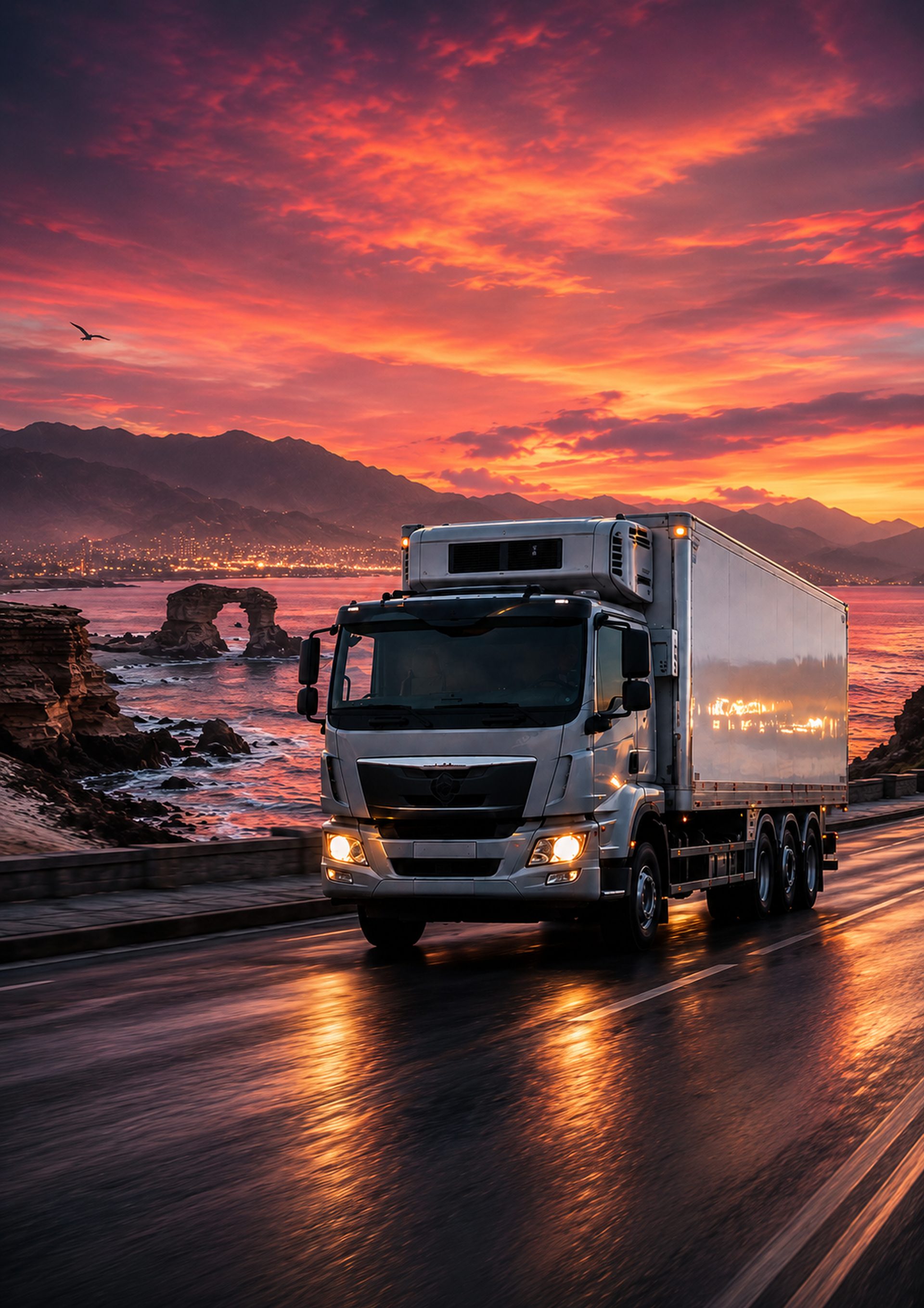 Camión de Transportes Ailifran junto a La Portada de Antofagasta al atardecer